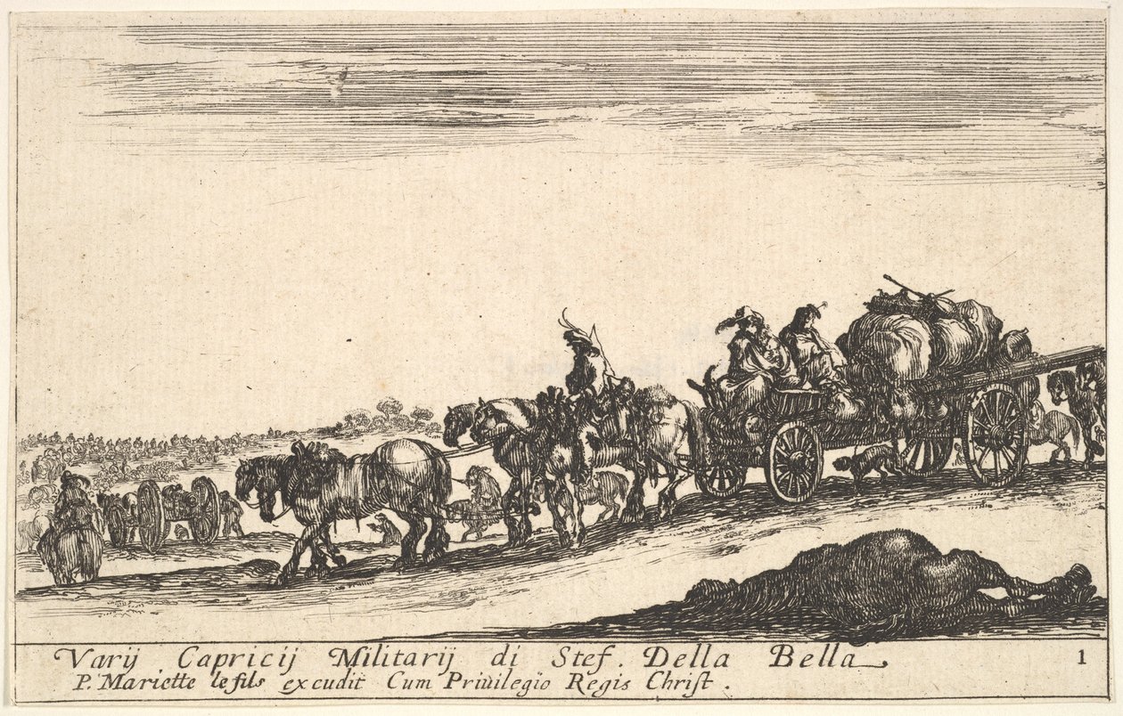 Ilustracja 1: Wóz konny wiozący ludzi i towary, na pierwszym planie martwy koń, k..., ok. godz. 1641. autorstwa Stefano della Bella