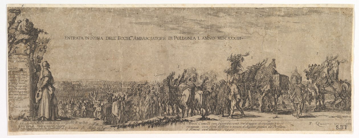 Płyta 1: Wjazd Ambasadora RP do Rzymu, po lewej herb Medyceuszy, 1633. autorstwa Stefano della Bella