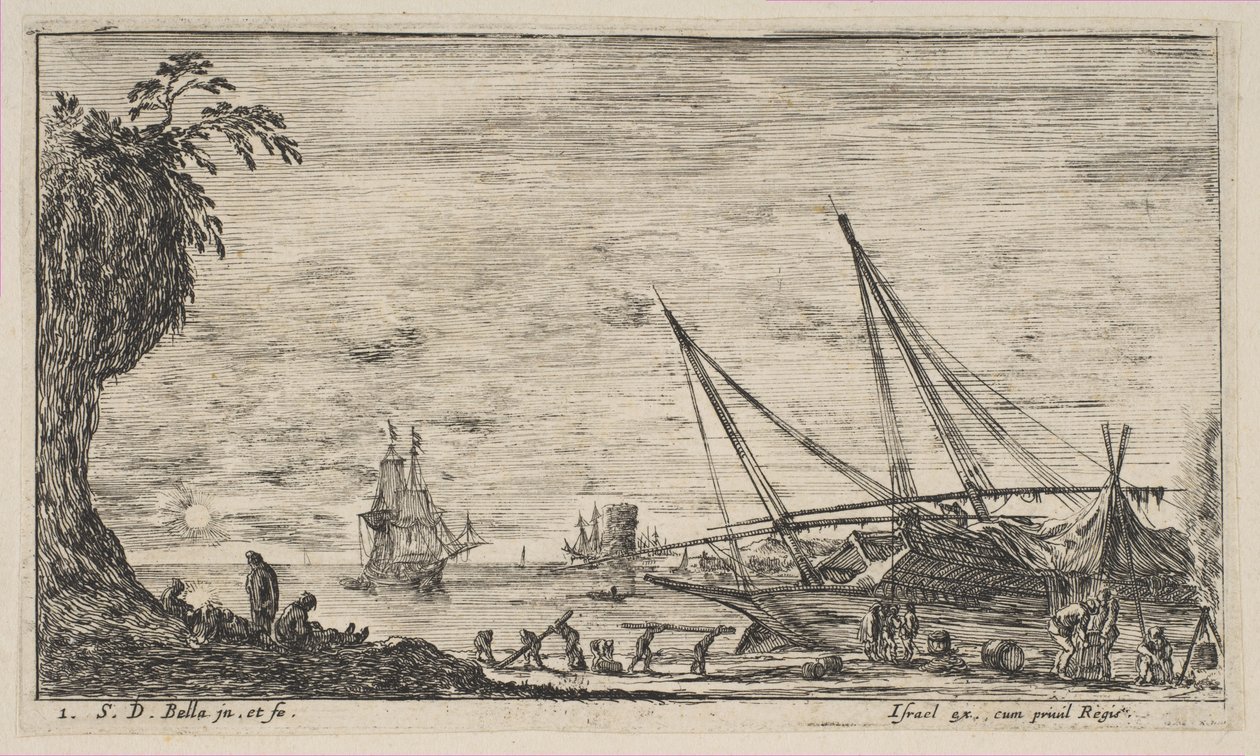 Tablica 1: port morski ze statkami, z „Seascapes” Paysages marines, ca. 1644. autorstwa Stefano della Bella