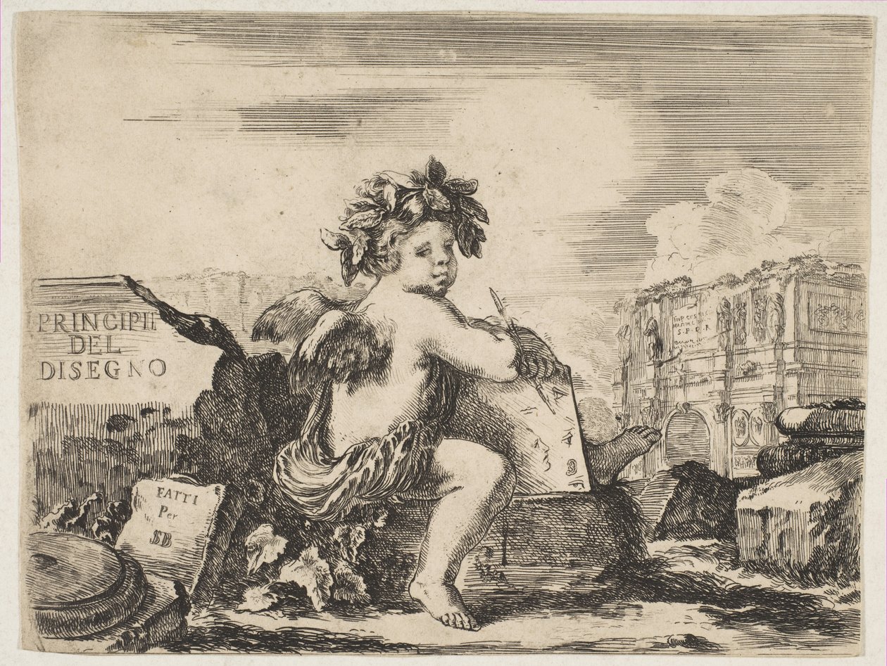 Tabliczka 1: geniusz rysowania, dziecko ze skrzydłami, siedzące na skale w obrocie do środka..., ca. 1641-43. autorstwa Stefano della Bella
