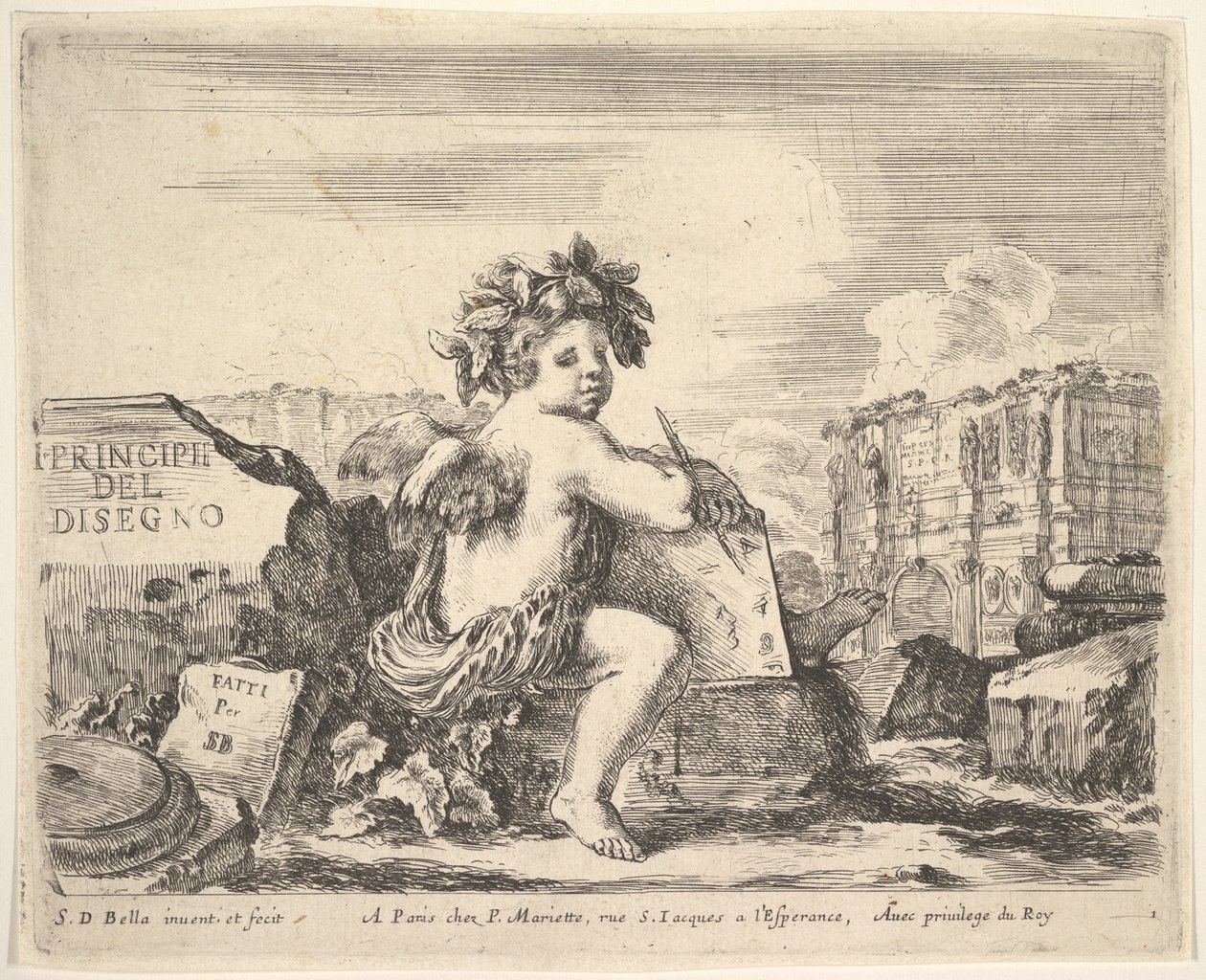 Tabliczka 1: geniusz rysunku, dziecko ze skrzydłami, usadowione na kamieniu pośrodku zwróconego..., ca. 1641. autorstwa Stefano della Bella