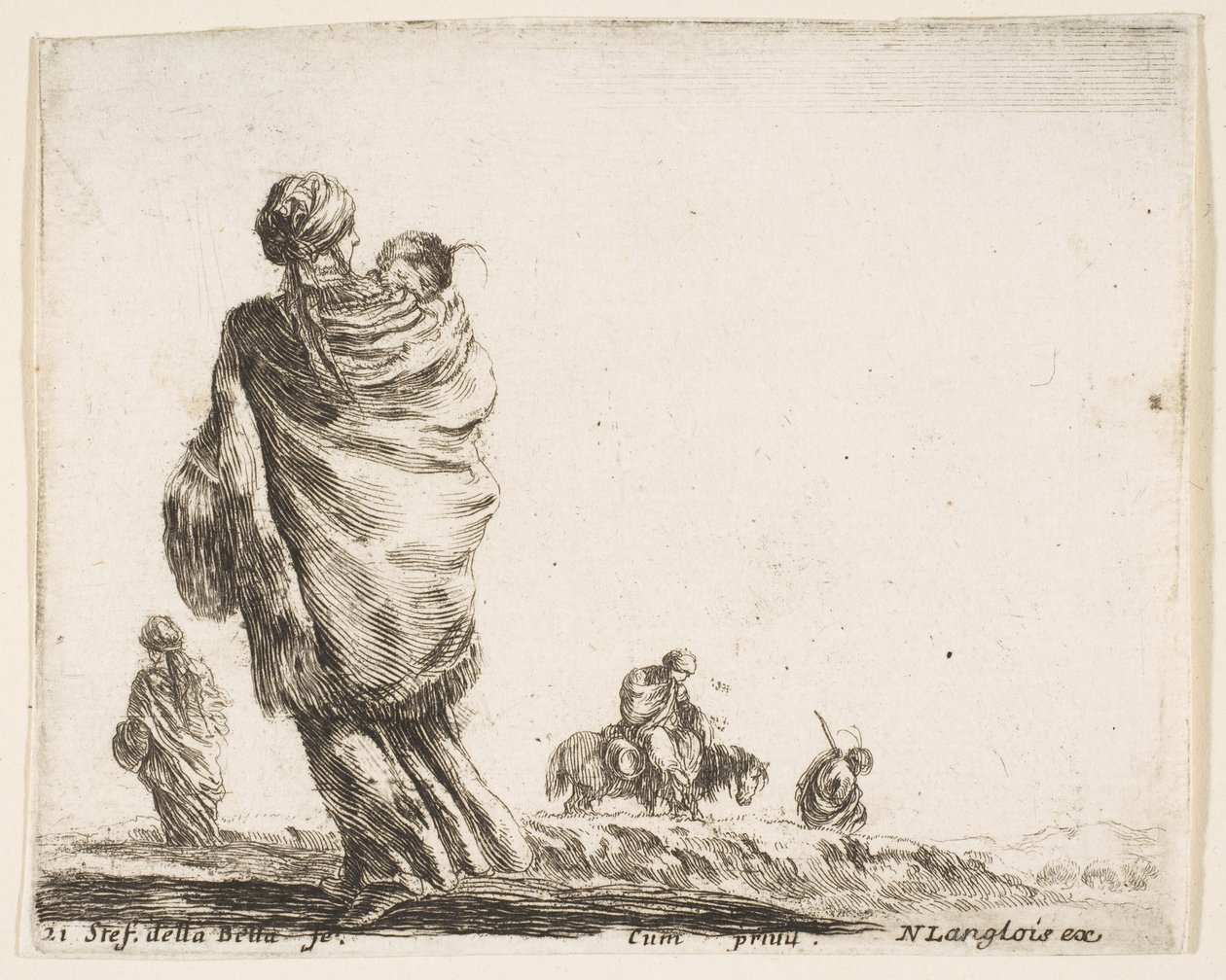 Ilustracja 21: biedna kobieta po lewej, widziana z tyłu, owijająca swoje dziecko szalem..., ok. godz. 1644-47. autorstwa Stefano della Bella