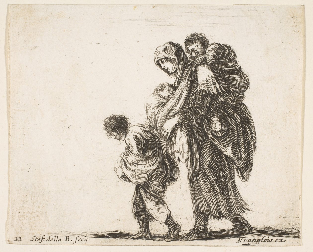 Ilustracja 22: żebraczka z trójką dzieci, jedno dziecko na ramionach, jedno dziecko..., ok. godz. 1644-47. autorstwa Stefano della Bella