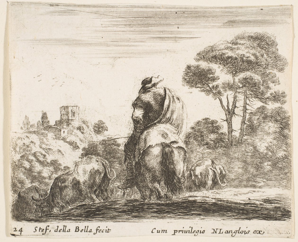 Ilustracja 24: pasterz na koniu, widziany z tyłu, prowadzi swoje bydło w dół wzgórza, a..., ca. 1644-47. autorstwa Stefano della Bella