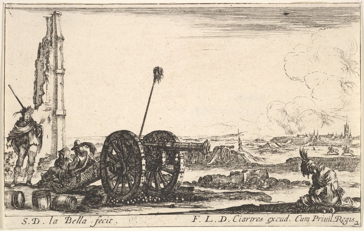 Ilustracja 2: Działo po lewej, w tle miasto, z Różnych Kaprysów Wojskowych..., ok. godz. 1641. autorstwa Stefano della Bella