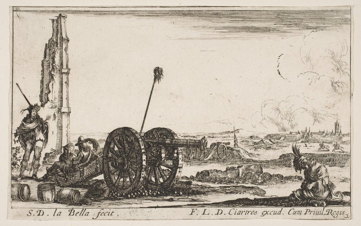 Ilustracja 2: Działo po lewej, w tle miasto, z Różnych Kaprysów Wojskowych..., ok. godz. 1641. autorstwa Stefano della Bella