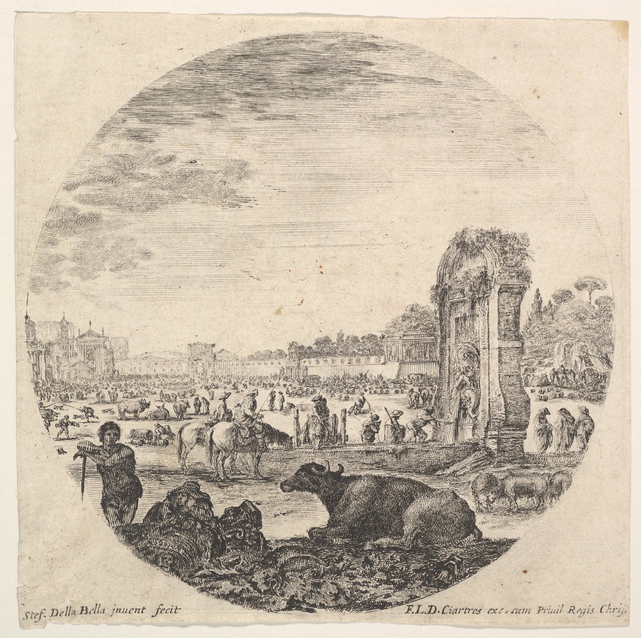 Ilustracja 2: Campo Vaccino, bawół i dwóch pasterzy w środku, Fontanone do rig..., ca. 1643-48. autorstwa Stefano della Bella