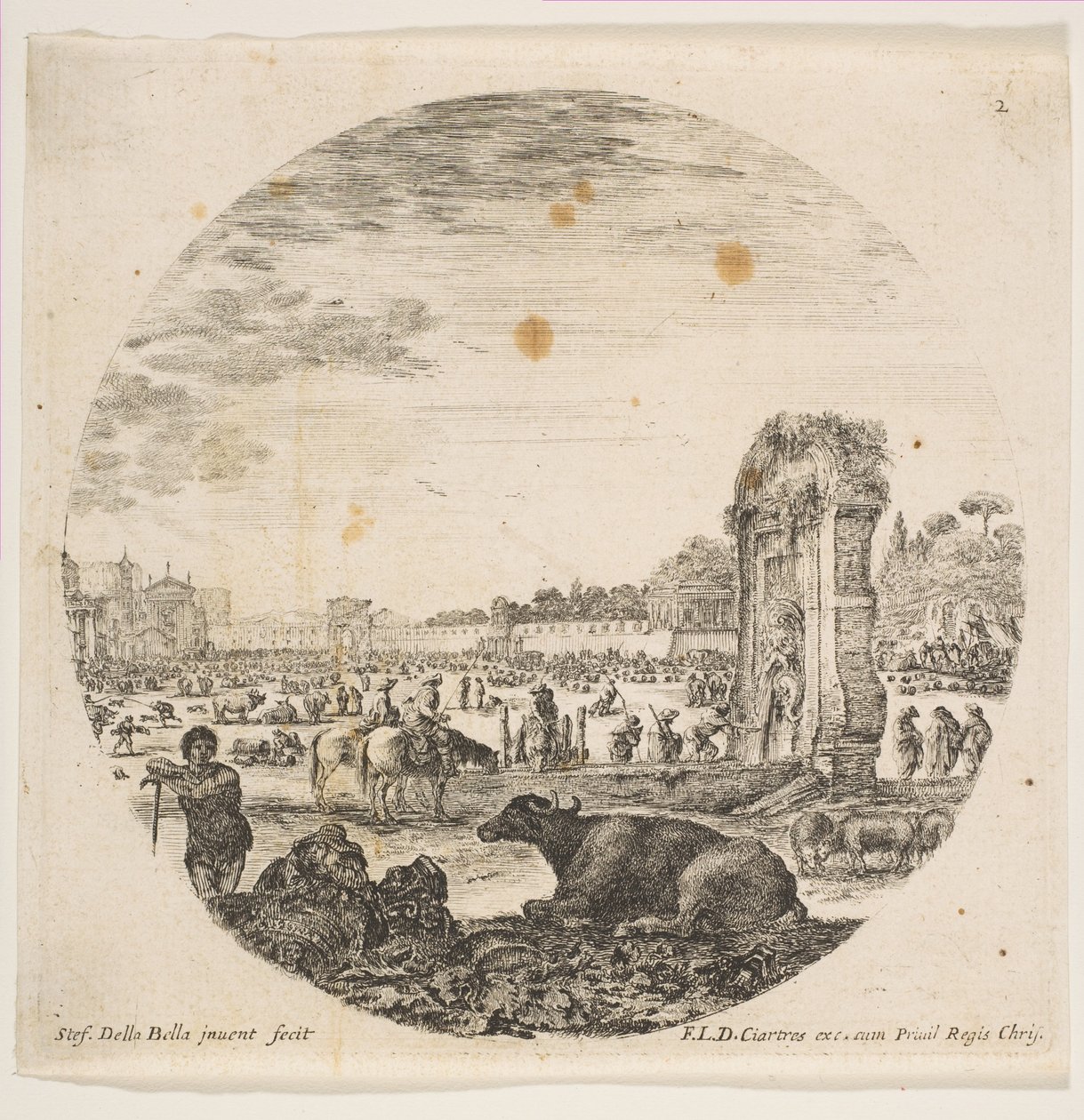 Ilustracja 2: Campo Vaccino, bawół i dwóch pasterzy w środku, Fontanone po prawej ..., ca. 1646. autorstwa Stefano della Bella