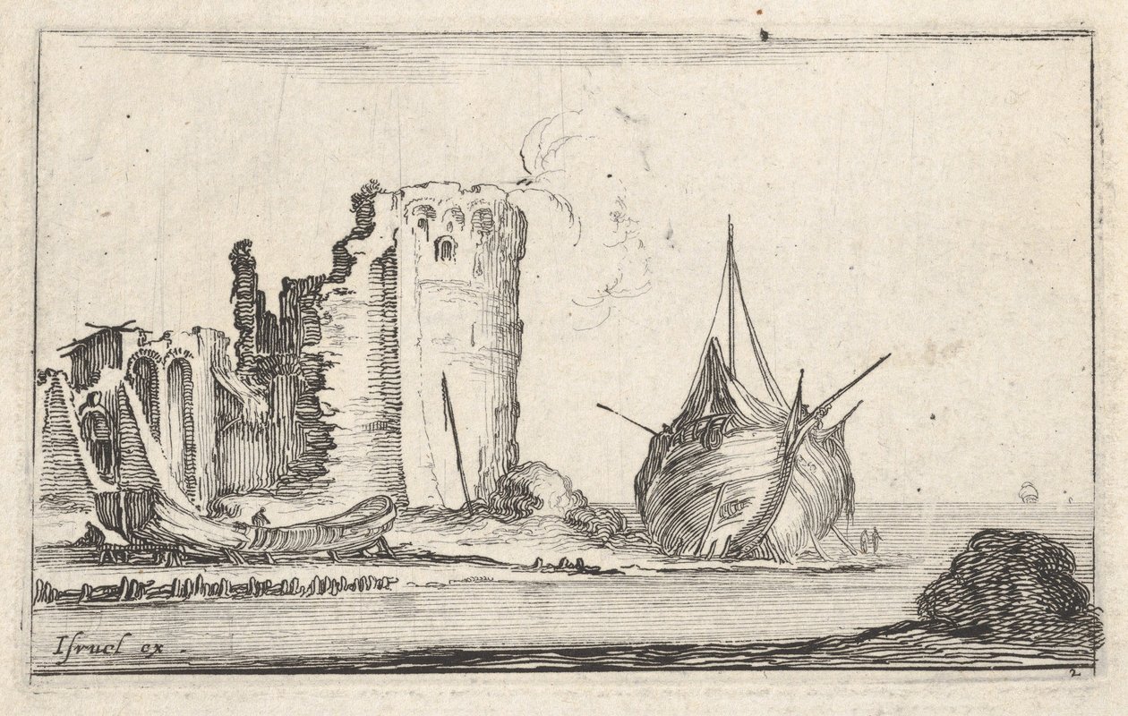 Ilustracja 2: statek po prawej i łódź wiosłowa po lewej, wyrzucone na brzeg, wieża w ruinie b..., ca. 1642. autorstwa Stefano della Bella