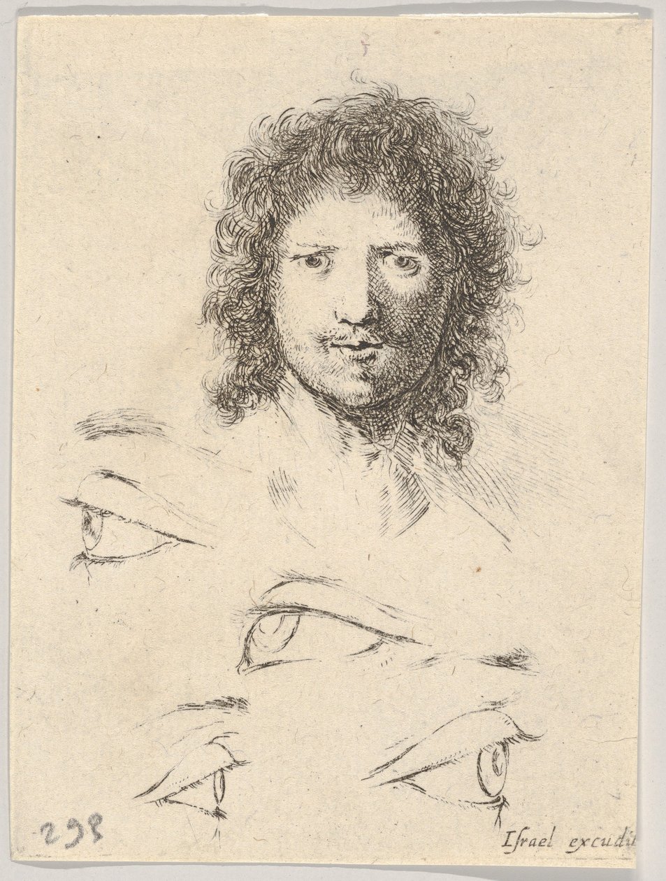 Ilustracja 2: u góry głowa młodego mężczyzny, widok z przodu, u dołu czworo oczu, z Th..., ca. 1649. autorstwa Stefano della Bella