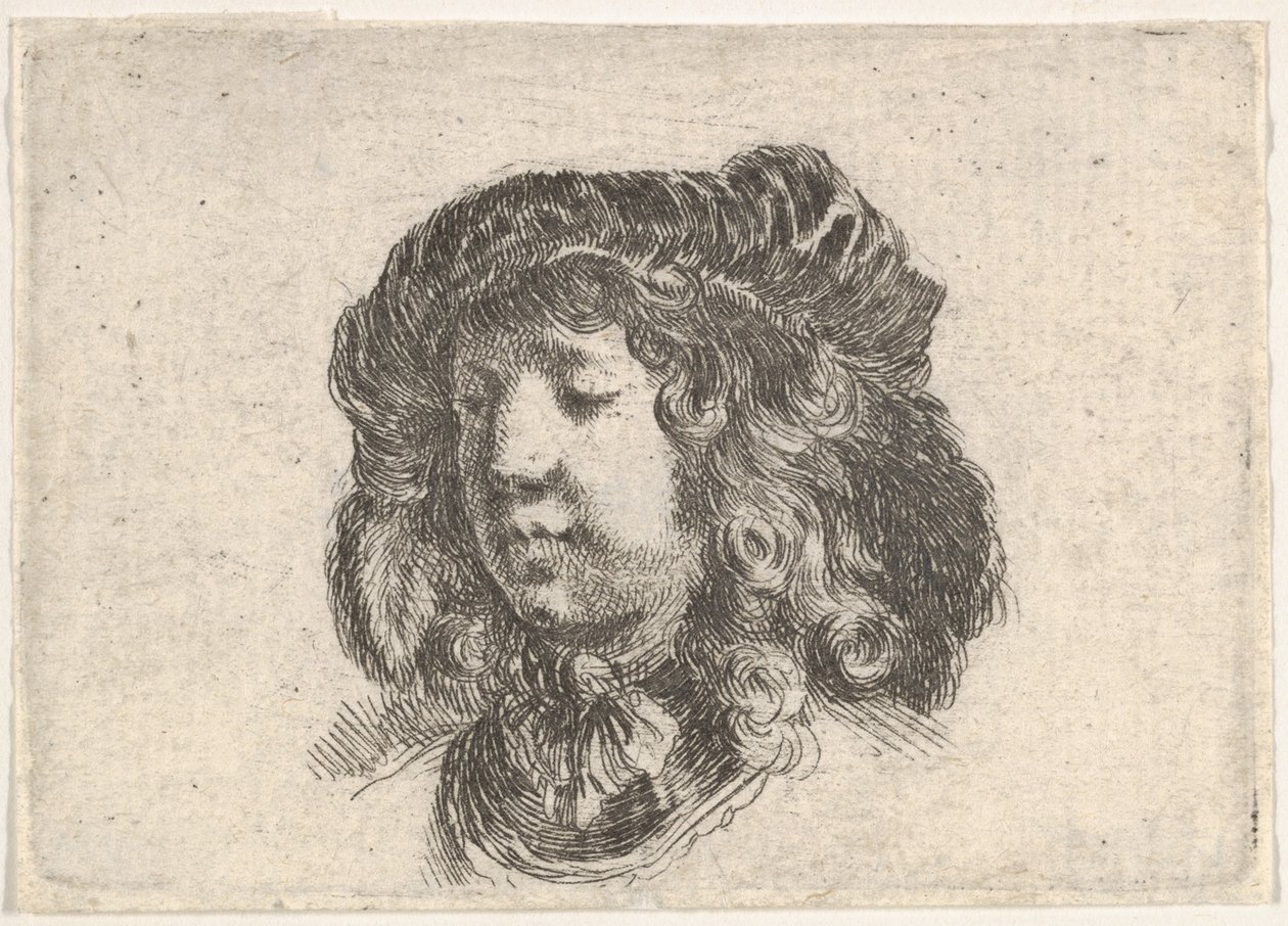 Tabliczka 34: głowa młodzieńca w czapce ozdobionej kilkoma piórami, obrócona o trzy czwarte..., ca. 1646. autorstwa Stefano della Bella