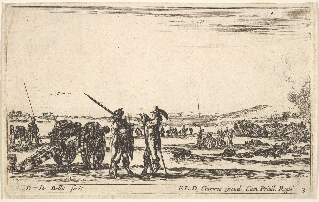 Płyta 3: Oficer wydający rozkazy żołnierzowi na środkowym pierwszym planie z armatą po lewej..., ca. 1641. autorstwa Stefano della Bella