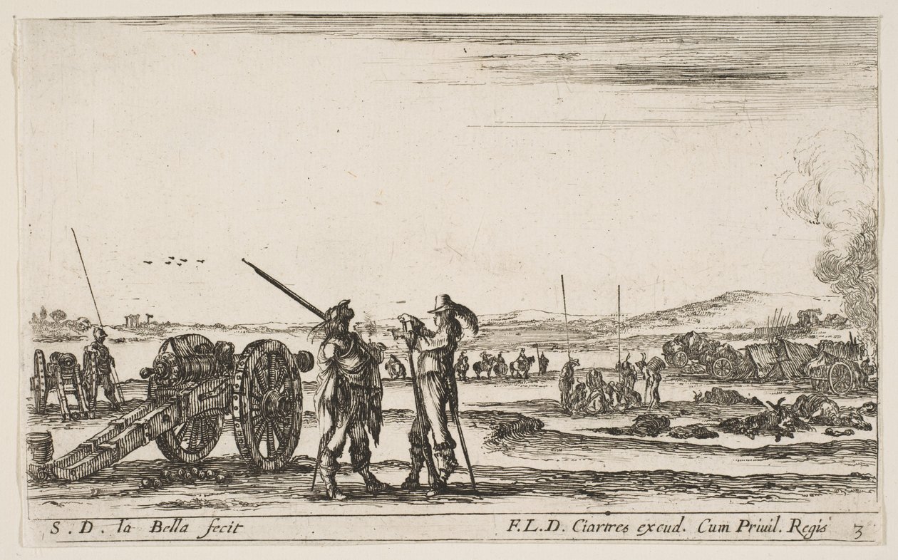 Płyta 3: Oficer wydający rozkazy żołnierzowi na środkowym pierwszym planie z armatą po lewej..., ca. 1641. autorstwa Stefano della Bella