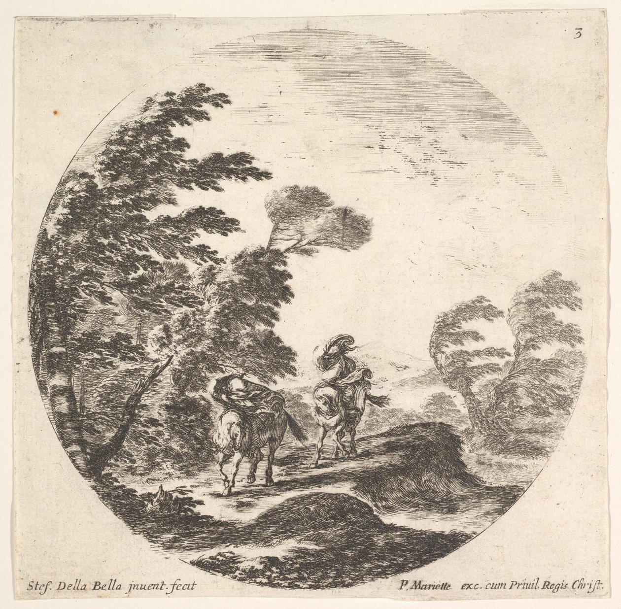 Obraz 3: wichura w lesie, dwóch jeźdźców owiniętych w peleryny, wieje pochmurno, ok. godz. 1643-48. autorstwa Stefano della Bella