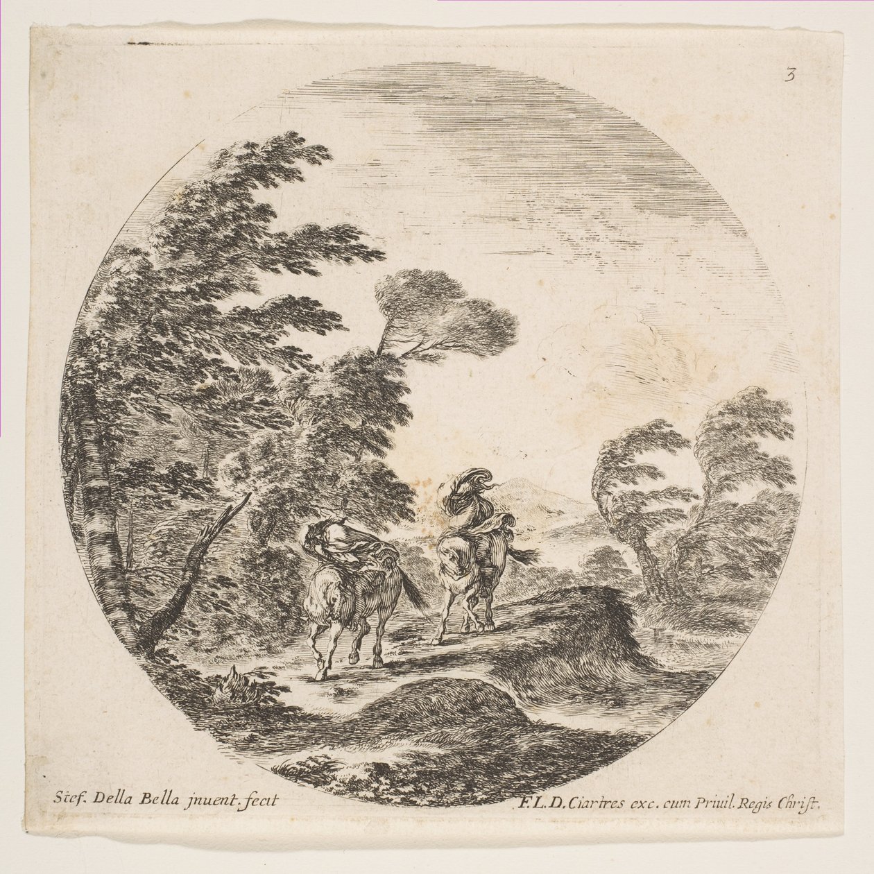 Tablica 3: wichura w lesie, dwóch jeźdźców owiniętych w płaszcze, z powiewem wiatru, ok. godz. 1646. autorstwa Stefano della Bella