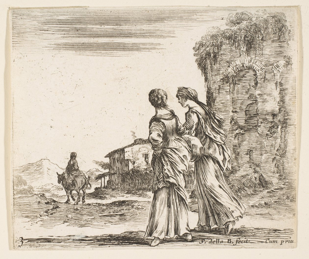 Zdjęcie 3: dwie dziewczyny idące w lewo, widziane z tyłu, kobieta na koniu t..., ok. godz. 1644-47. autorstwa Stefano della Bella