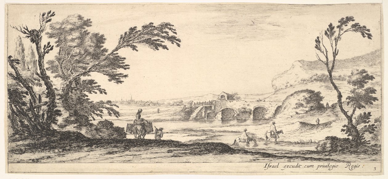 Ilustracja 3: dwóch jeźdźców przeprawiających się przez rzekę w prawo, kobieta z dwoma koszami na osiołku..., ca. 1641. autorstwa Stefano della Bella