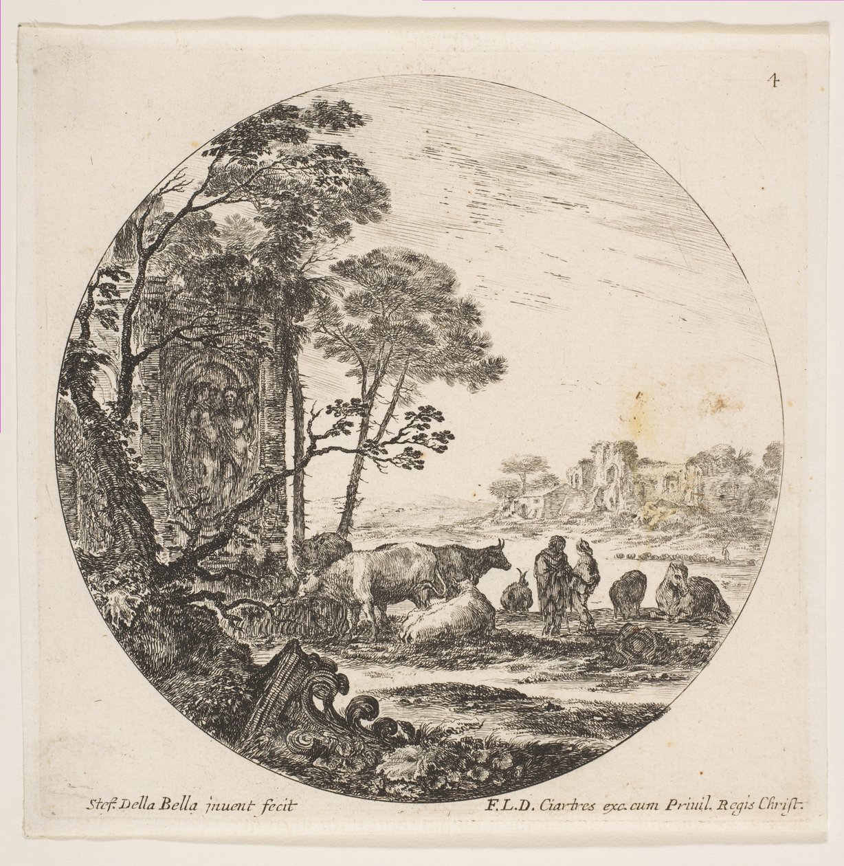 Ilustracja 4: stolica koryncka na ziemi po lewej stronie, pomnik z postaciami w niskiej re..., ca. 1646. autorstwa Stefano della Bella