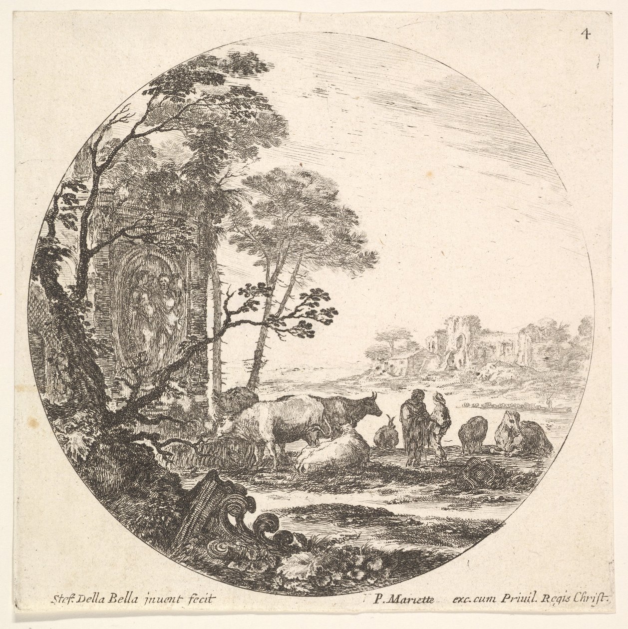 Ilustracja 4: stolica koryncka na ziemi po lewej na pierwszym planie, pomnik w..., ca. 1643-48. autorstwa Stefano della Bella