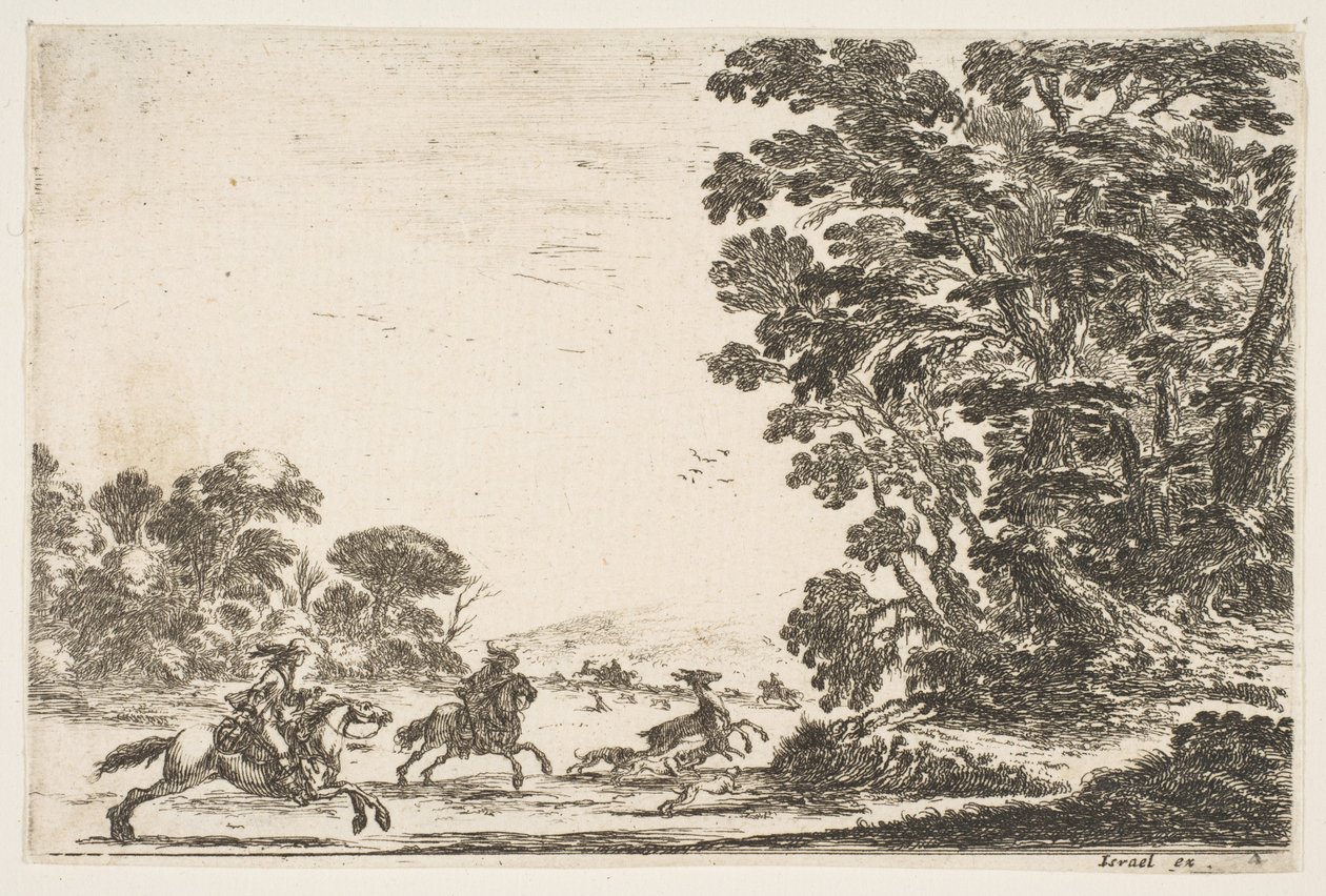 Tablica 4: polowanie na jelenie, dwóch jeźdźców galopujących w lewo za trzema psami i jeleniem..., 1642. autorstwa Stefano della Bella