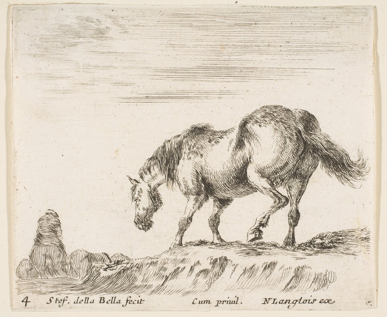 Ilustracja 4: koń z profilu w lewo, schodzący z kopca, koń..., ok. godz. 1644-47. autorstwa Stefano della Bella