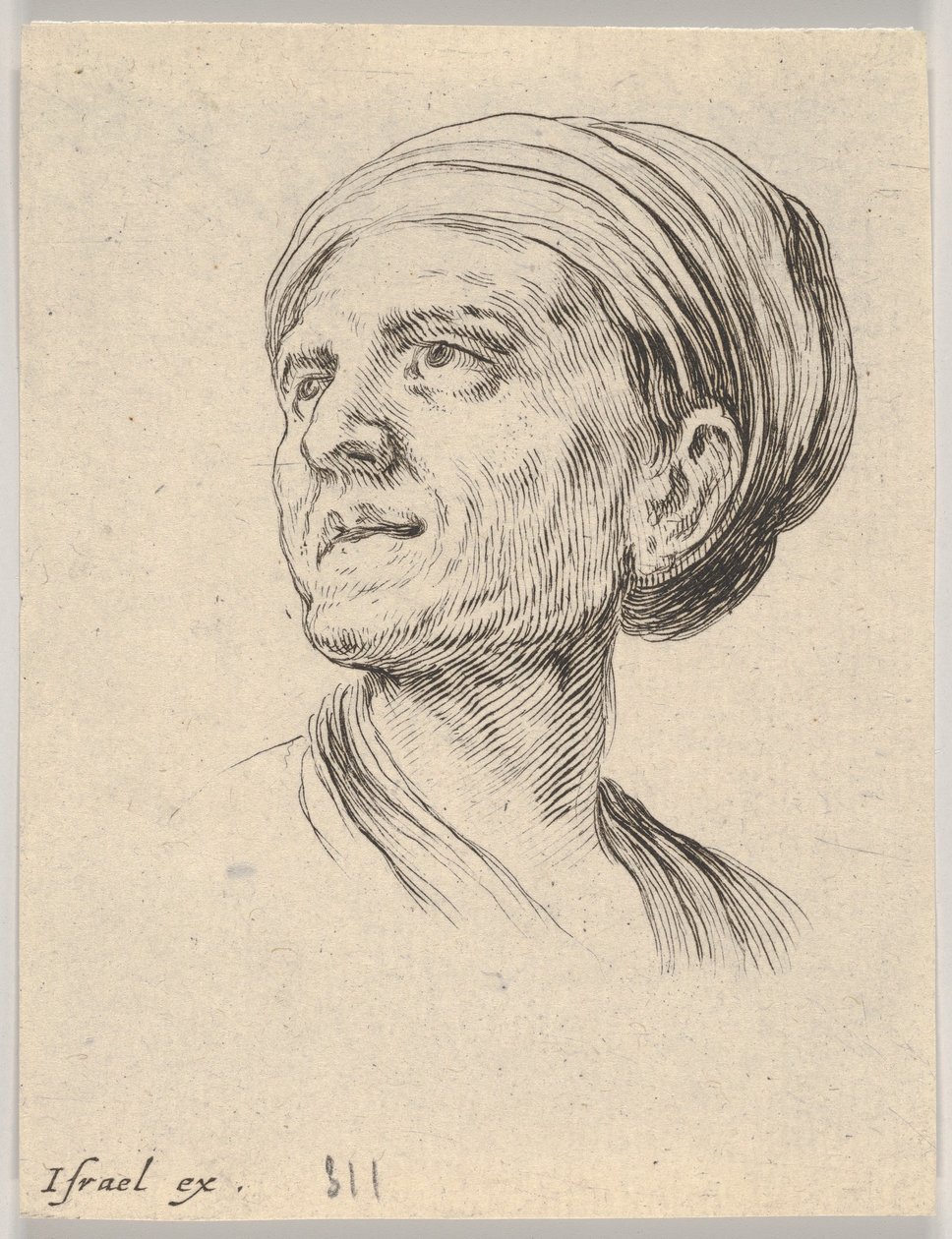 Ilustracja 4: głowa starej kobiety w czepku, patrząc w lewo z Różne głowy i figury..., 1650. autorstwa Stefano della Bella