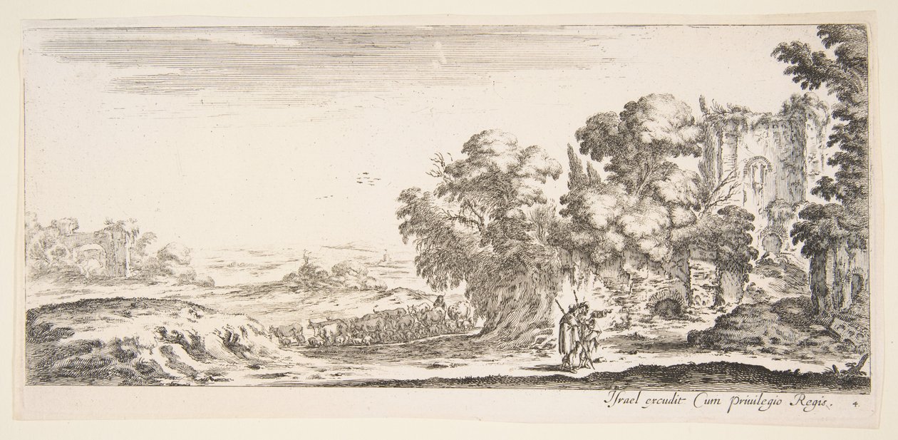 Tablica 4: dwaj pielgrzymi obserwujący ruiny po prawej stronie, jeden skierowany w prawo, owczarek..., ca. 1641. autorstwa Stefano della Bella
