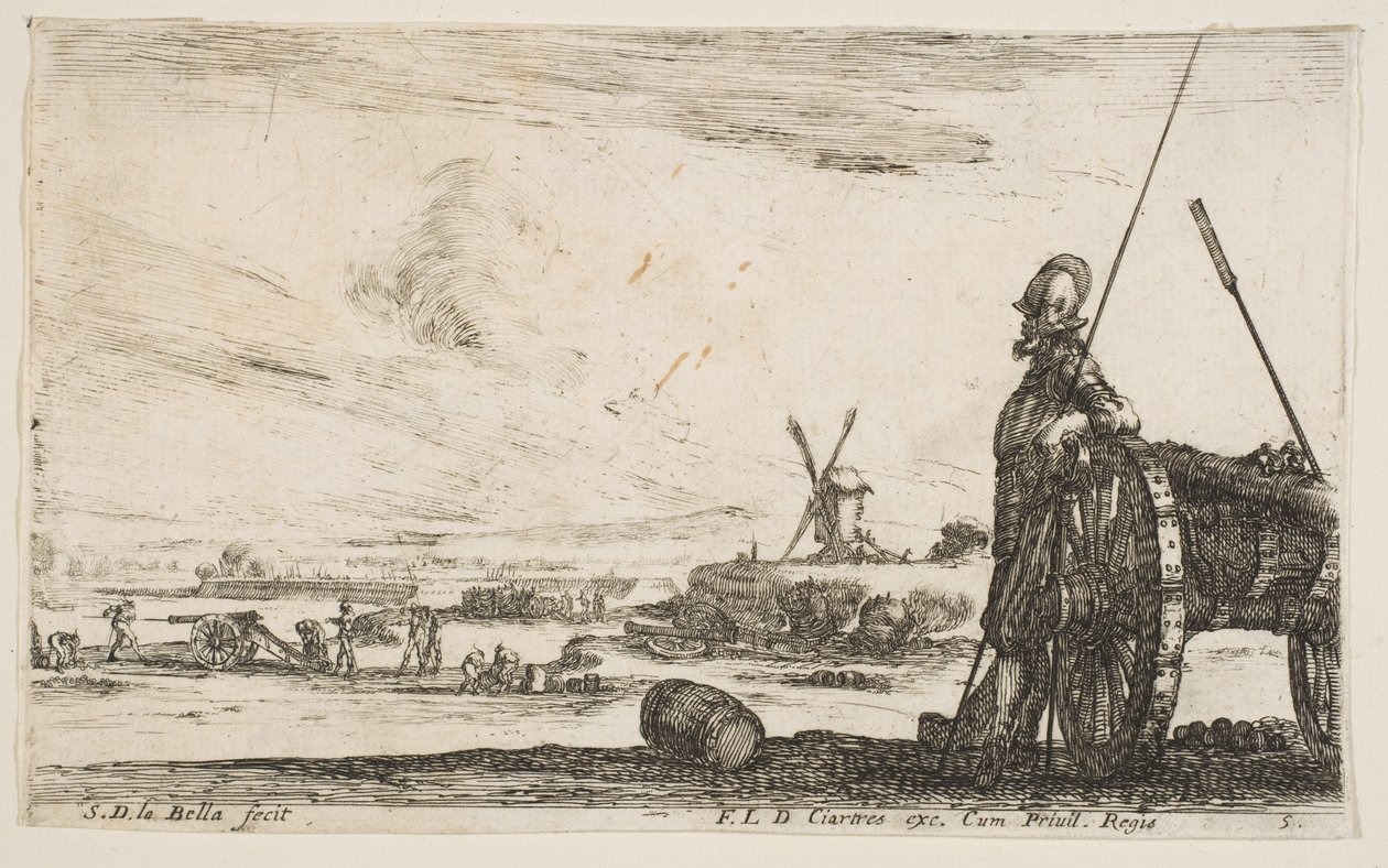 Ilustracja 5: Pikinierz stojący tuż obok armaty, inne figurki wojskowe..., ok. godz. 1641. autorstwa Stefano della Bella