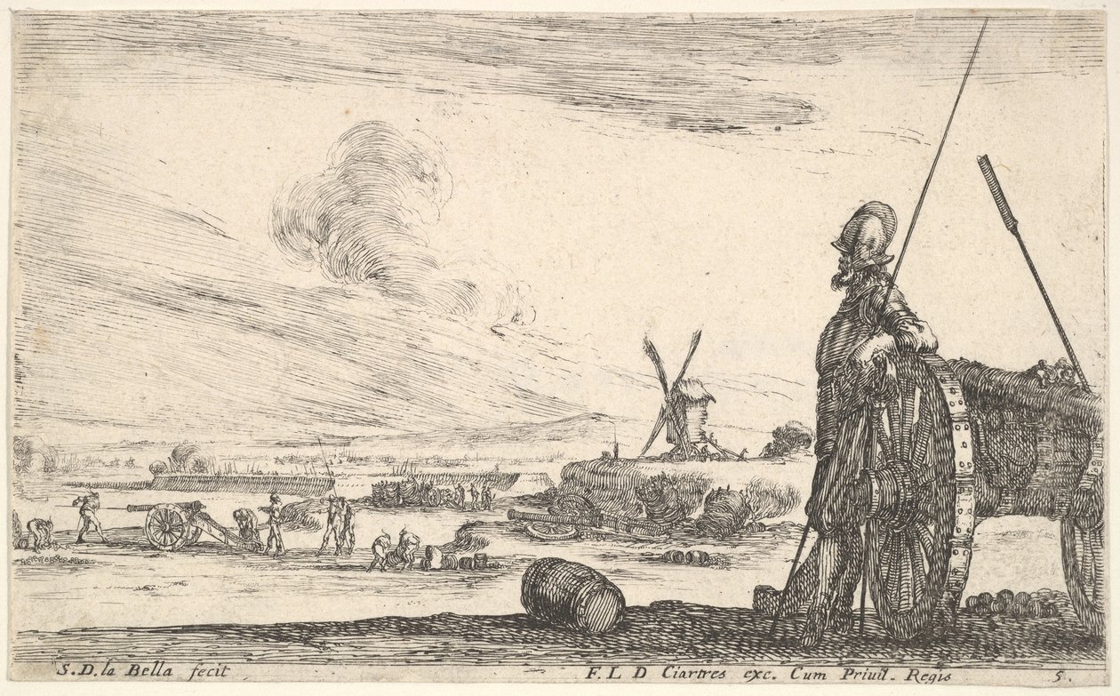 Ilustracja 5: Pikinierz stojący tuż przy kanonie, inne figury wojskowe w ba..., ok. godz. 1641. autorstwa Stefano della Bella