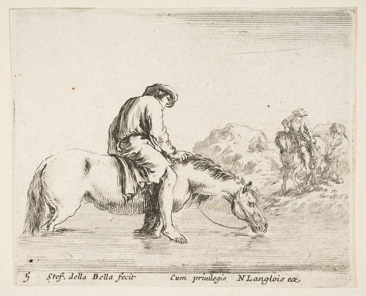 Ilustracja 5: chłop boso na koniu przeprawiający się przez rzekę, drugi chłop na koniu..., ok. godz. 1644-47. autorstwa Stefano della Bella