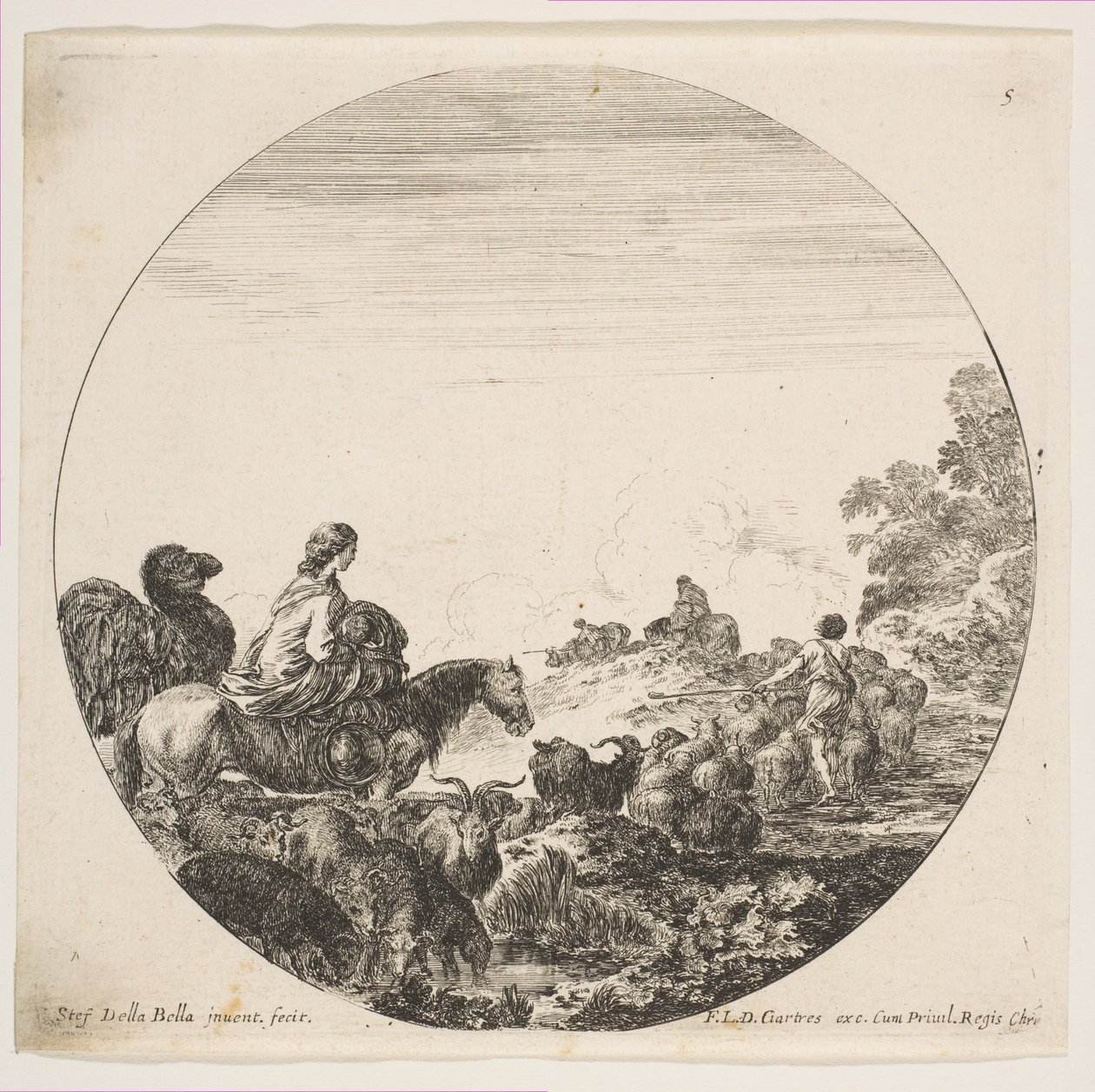 Ilustracja 5: po lewej kobieta niosąca na koniu dziecko, za nią wielbłąd, stado..., ok. godz. 1646. autorstwa Stefano della Bella
