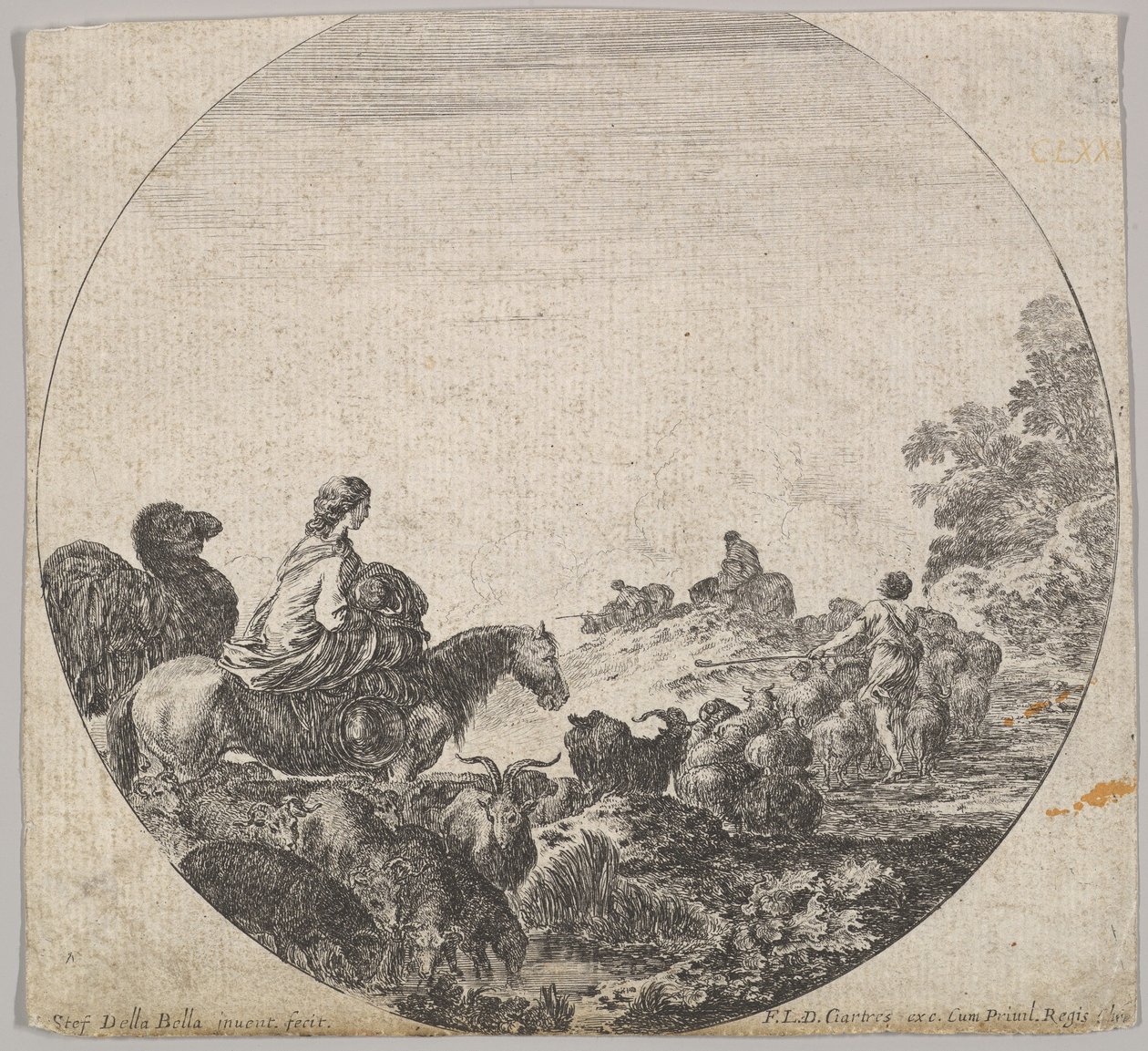 Ilustracja 5: kobieta niosąca dziecko na koniu w lewo, za nią wielbłąd, stado..., ok. godz. 1643-48. autorstwa Stefano della Bella