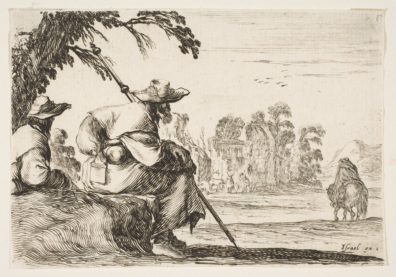 Tablica 5: dwaj pielgrzymi w kapeluszach odpoczywają po lewej stronie, widziani z tyłu, jeździec jedzie w kierunku..., 1642. autorstwa Stefano della Bella