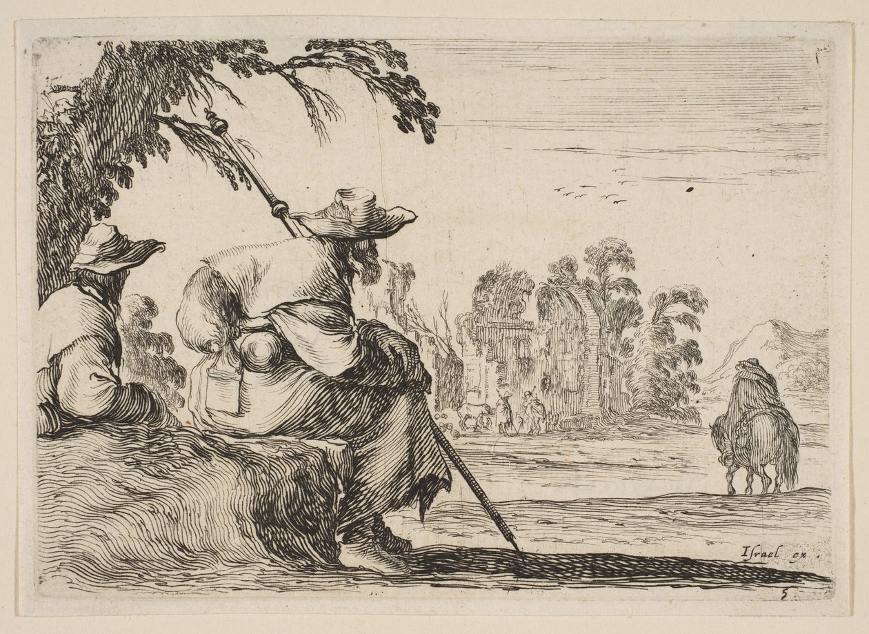 Tablica 5: dwaj pielgrzymi w kapeluszach odpoczywają po lewej stronie, widziani z tyłu, jeździec jedzie w kierunku..., 1642. autorstwa Stefano della Bella