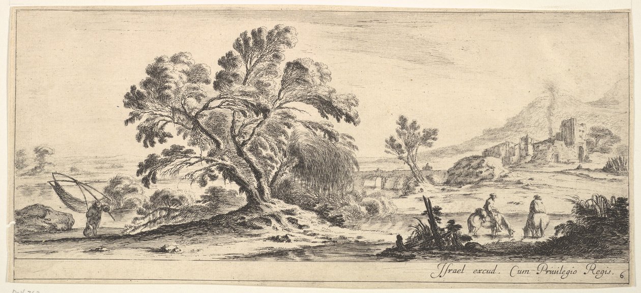Ilustracja 6: rybak niosący sieć po lewej, dwóch jeźdźców w strumieniu po prawej, drzewo..., ok. godz. 1641. autorstwa Stefano della Bella
