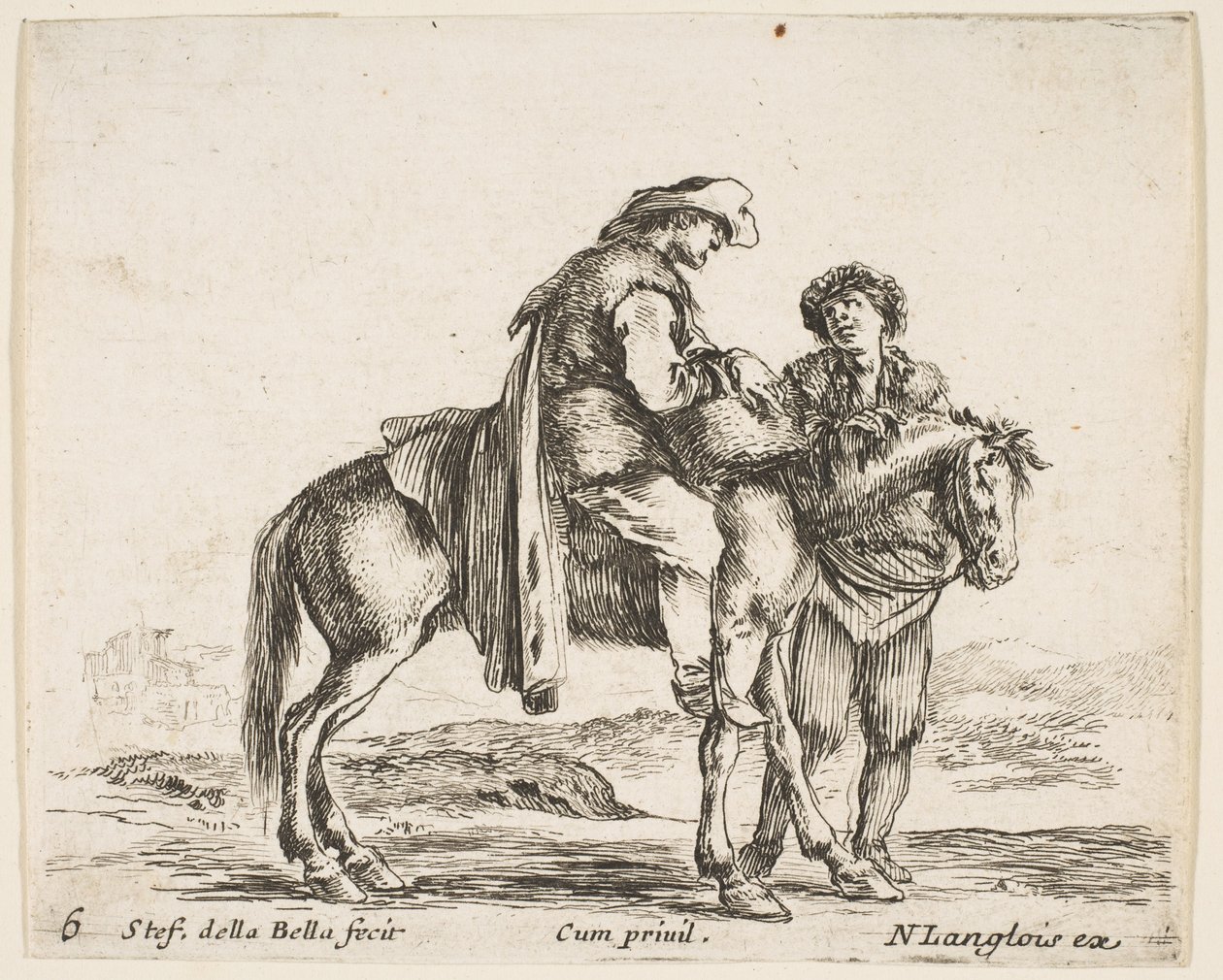 Tabliczka 6: chłop na koniu w profilu zwróconym w prawo, trzymający kosz i t..., ca. 1644-47. autorstwa Stefano della Bella