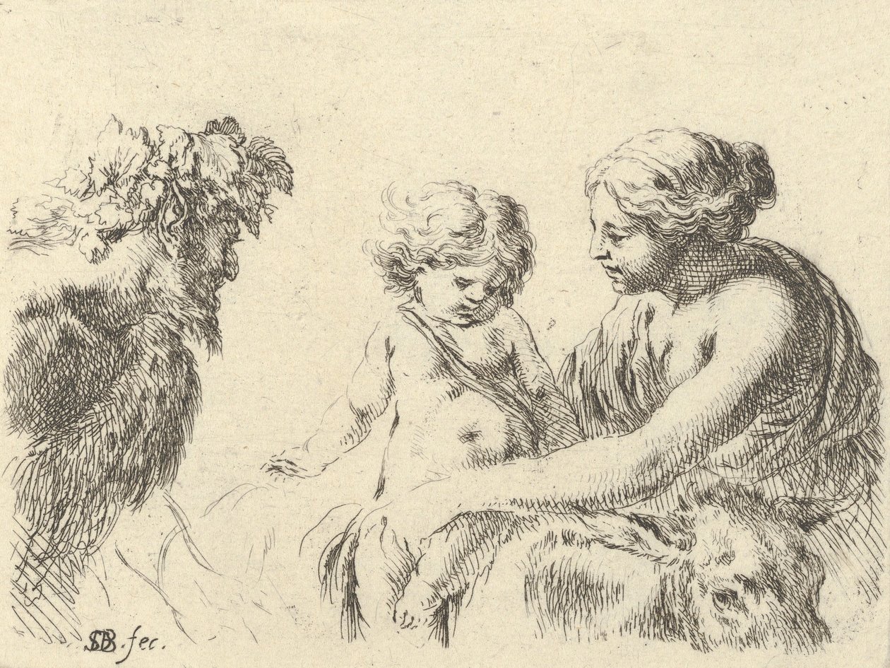Ilustracja 6: kobieta po prawej trzymająca dziecko siedzące na osiołku, satyr w l..., ca. 1646. autorstwa Stefano della Bella