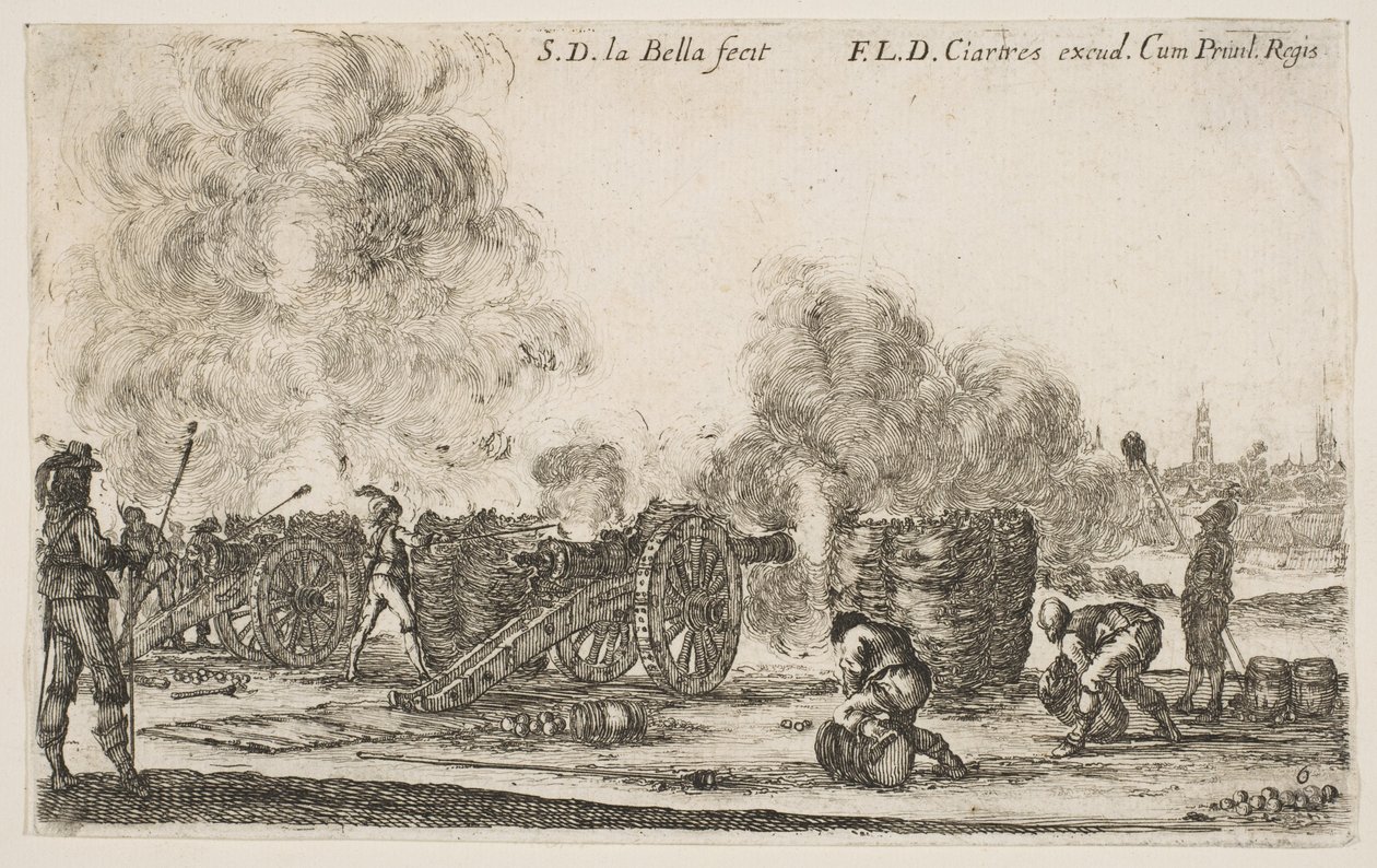 Płyta 6: bateria armat strzelających na miasto, z Różnych Kaprysów Wojskowych Varii..., ca. 1641. autorstwa Stefano della Bella