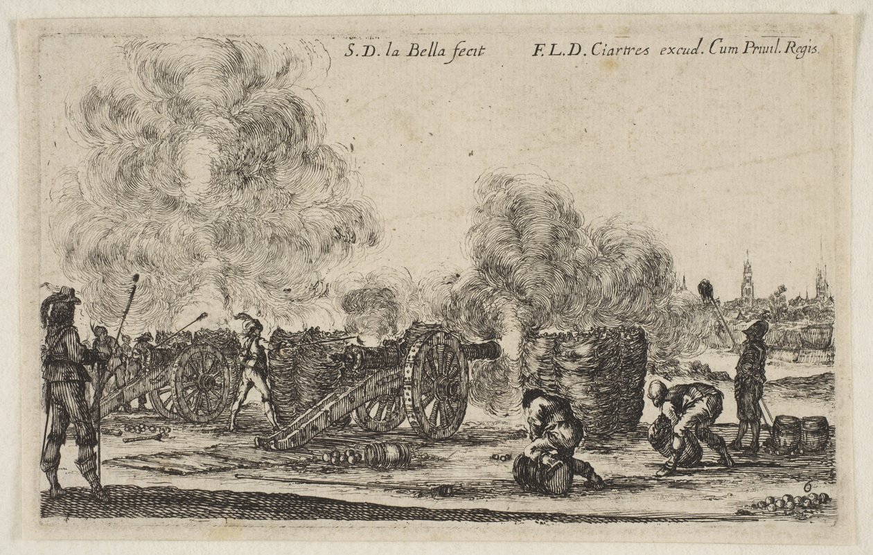 Płyta 6: bateria armat strzelających na miasto, z Różnych Kaprysów Wojskowych Varii..., ca. 1641. autorstwa Stefano della Bella