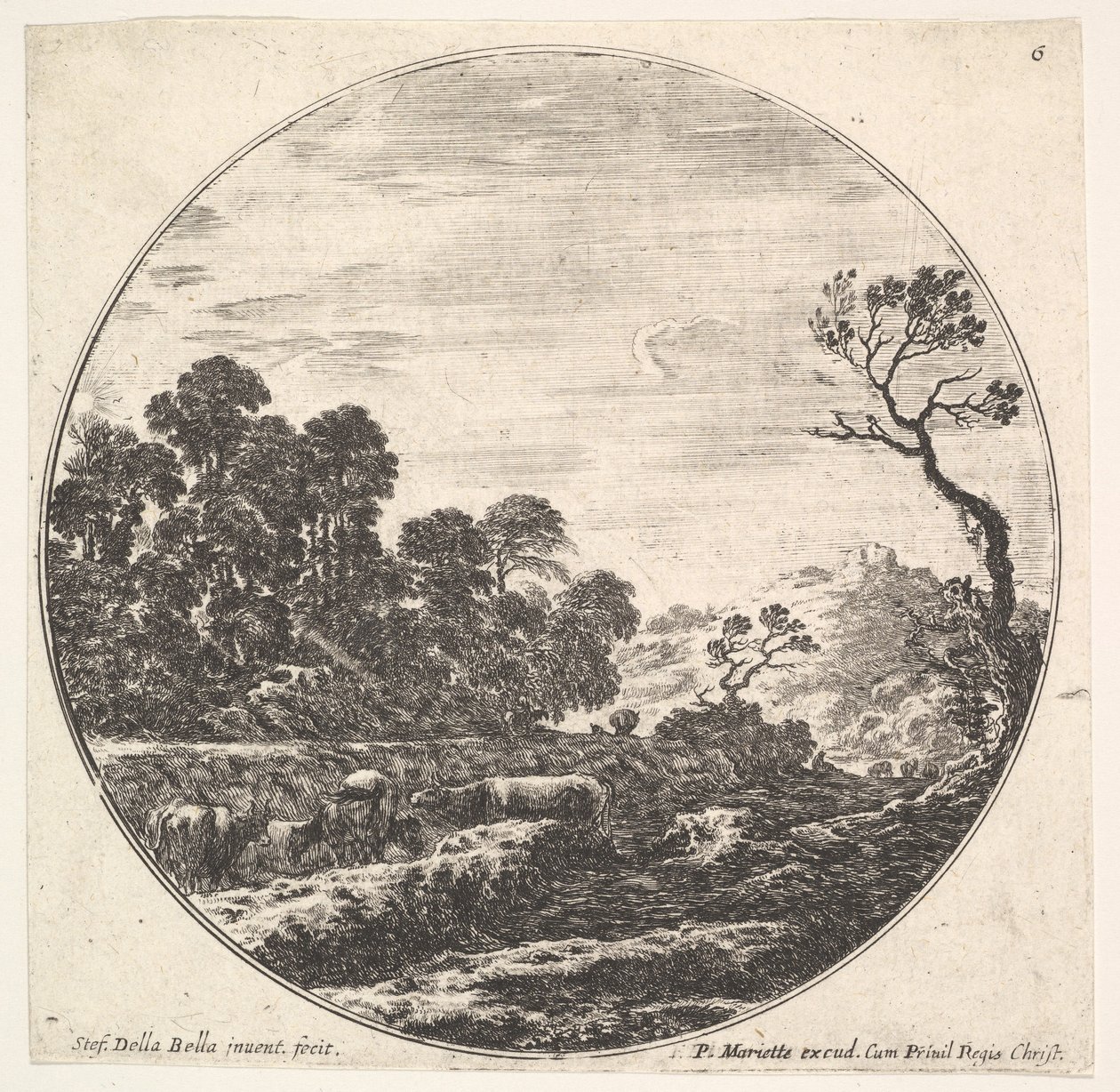 Ilustracja 6: krowy przechodzące dolinę po lewej, grupa drzew po lewej, jeździec i..., ca. 1643-48. autorstwa Stefano della Bella