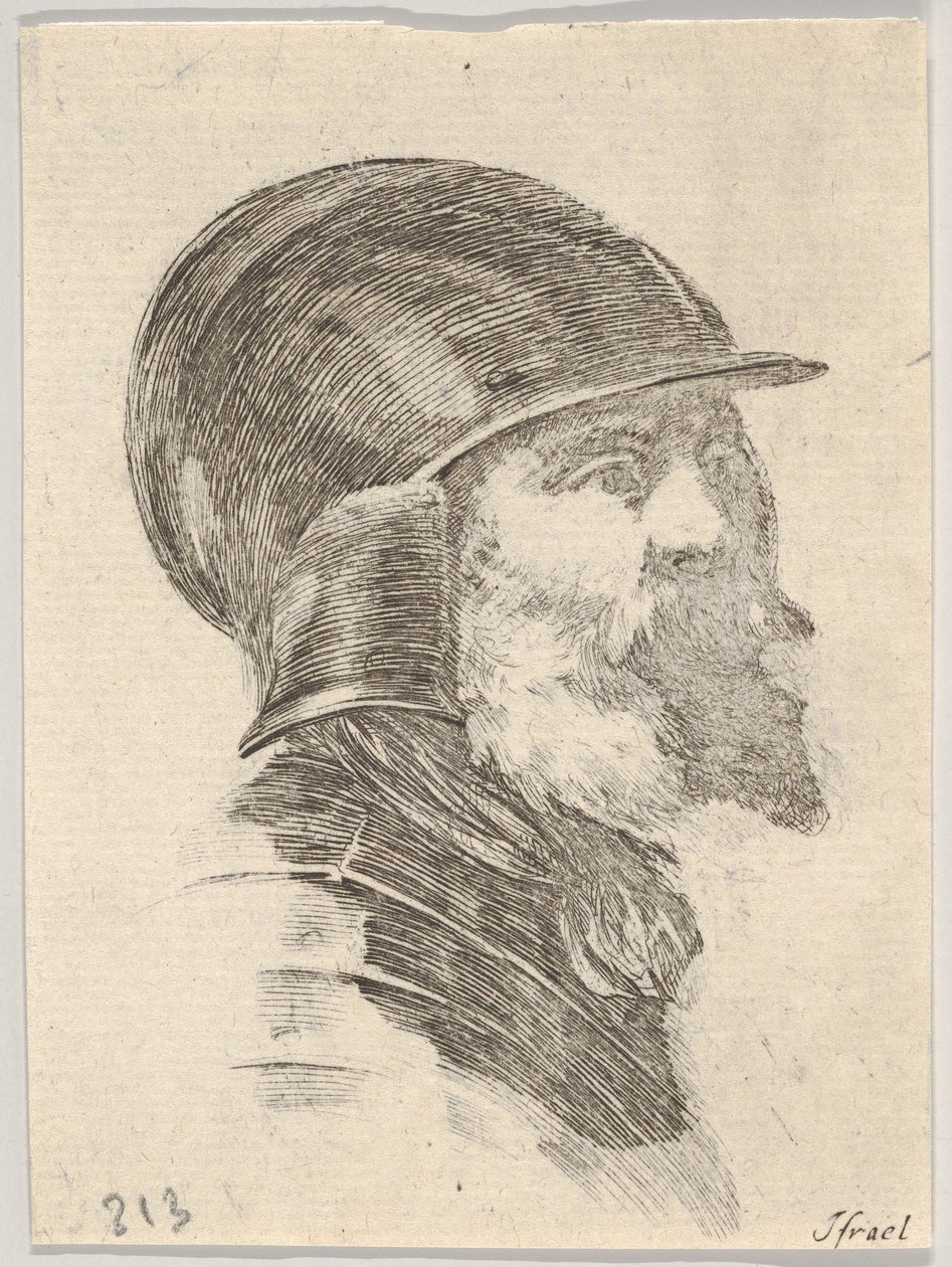 Ilustracja 6: głowa starego brodatego żołnierza w hełmie w prawo, z książki Różne głowy..., s. 1650. autorstwa Stefano della Bella