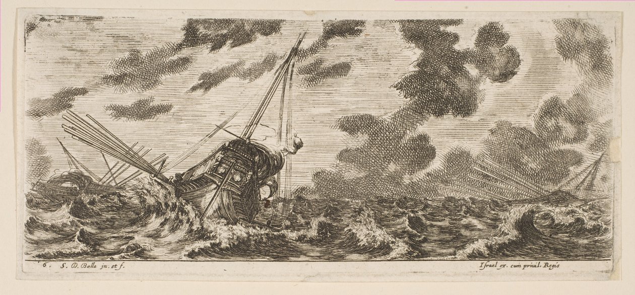 Tablica 6: trzy statki podczas sztormu, z zaokrętowań dla nurków na różnych pokładach, ok. godz. 1646-47. autorstwa Stefano della Bella