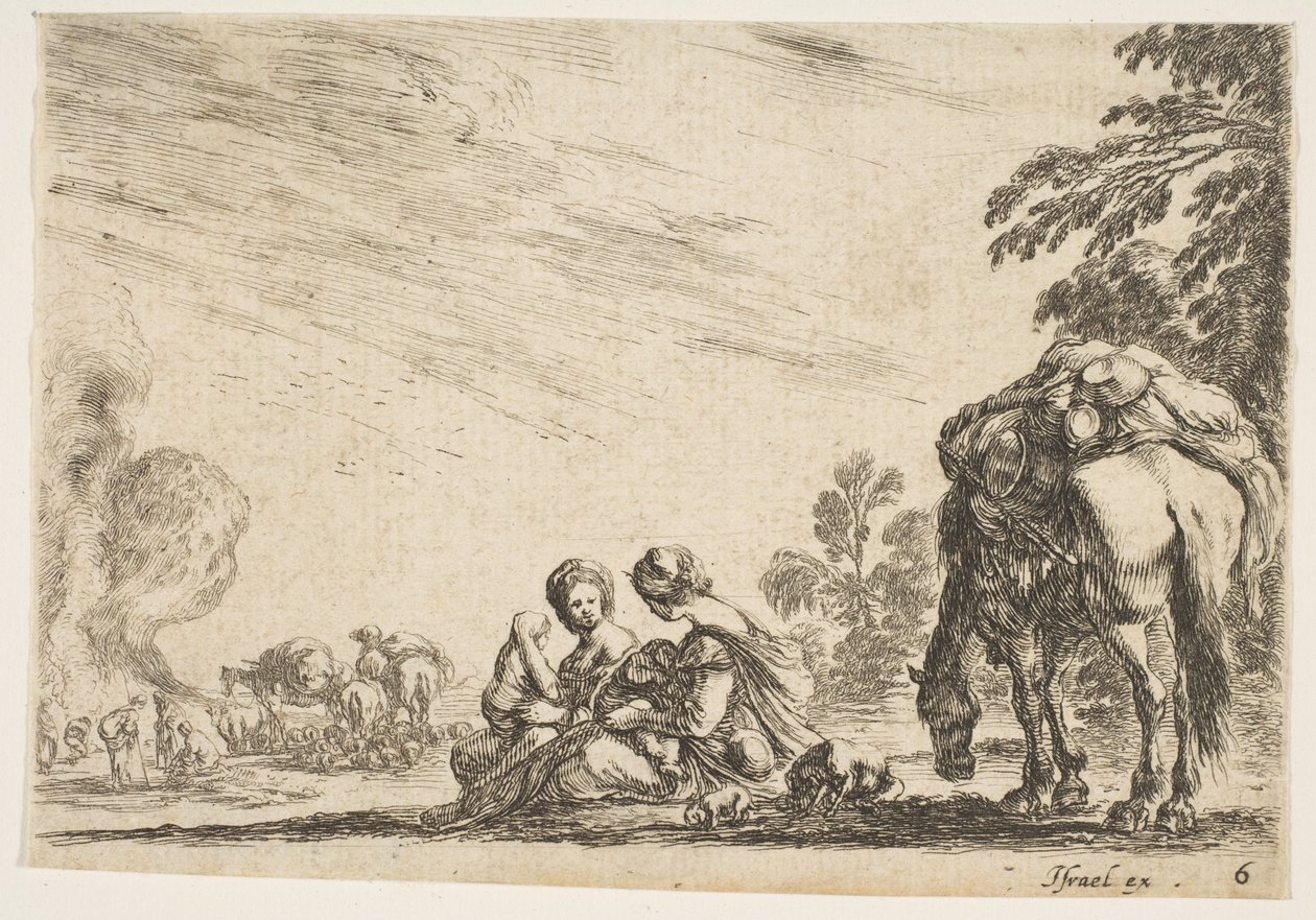 Tablica 6: dwie kobiety, jedna karmiąca dziecko, siedzące obok psa i konia niosącego sforę..., 1642. autorstwa Stefano della Bella