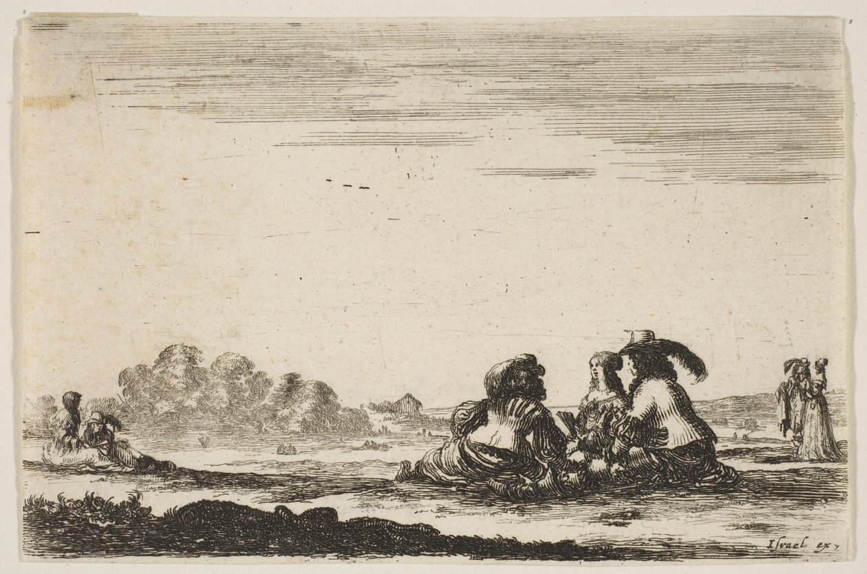 Ilustracja 7: Dwóch szlachciców siedzących pośrodku, widzianych z tyłu, rozmawiających ze szlachcianką morze..., 1642. autorstwa Stefano della Bella