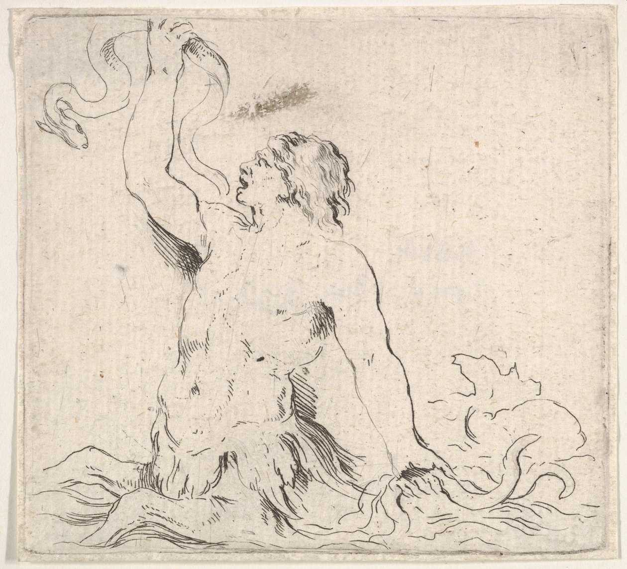 Płyta 7: tryton w wodzie, zwrócony w lewo, trzymający węgorza w prawej ręce i t..., ca. 1646. autorstwa Stefano della Bella