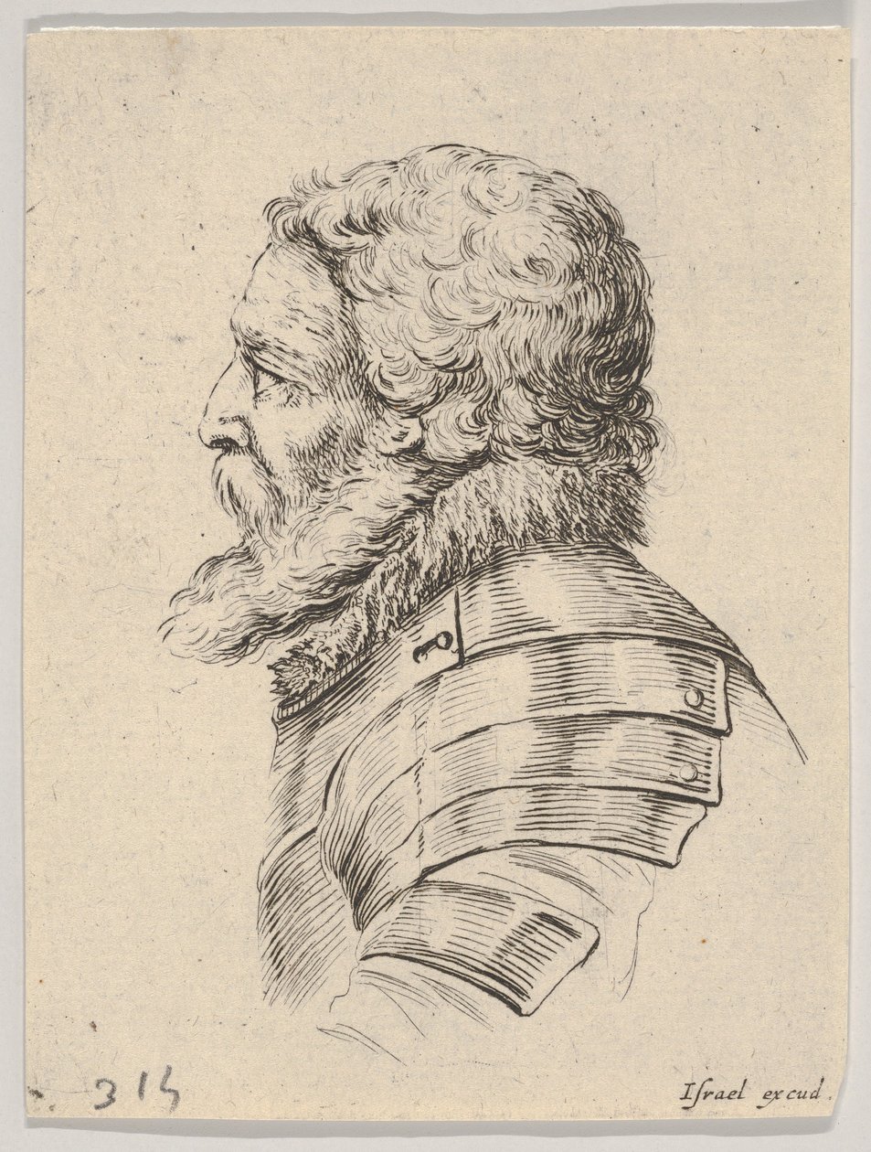 Tablica 7: popiersie brodatego żołnierza w zbroi, zwrócone w lewo z profilu, z Różnych he..., 1650. autorstwa Stefano della Bella