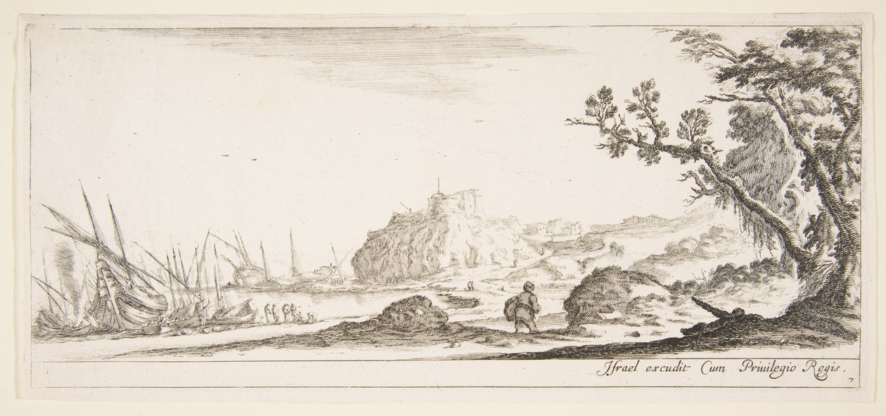 Ilustracja 7: różne łodzie na brzegu po lewej stronie, mężczyzna niosący torbę, widziany z tyłu i w..., ok. godz. 1641. autorstwa Stefano della Bella