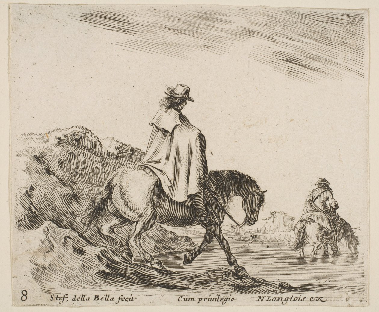 Ilustracja 8: jeździec schodzi z brzegu rzeki, drugi jeździec w rzece w prawo, od..., ok. godz. 1644-47. autorstwa Stefano della Bella