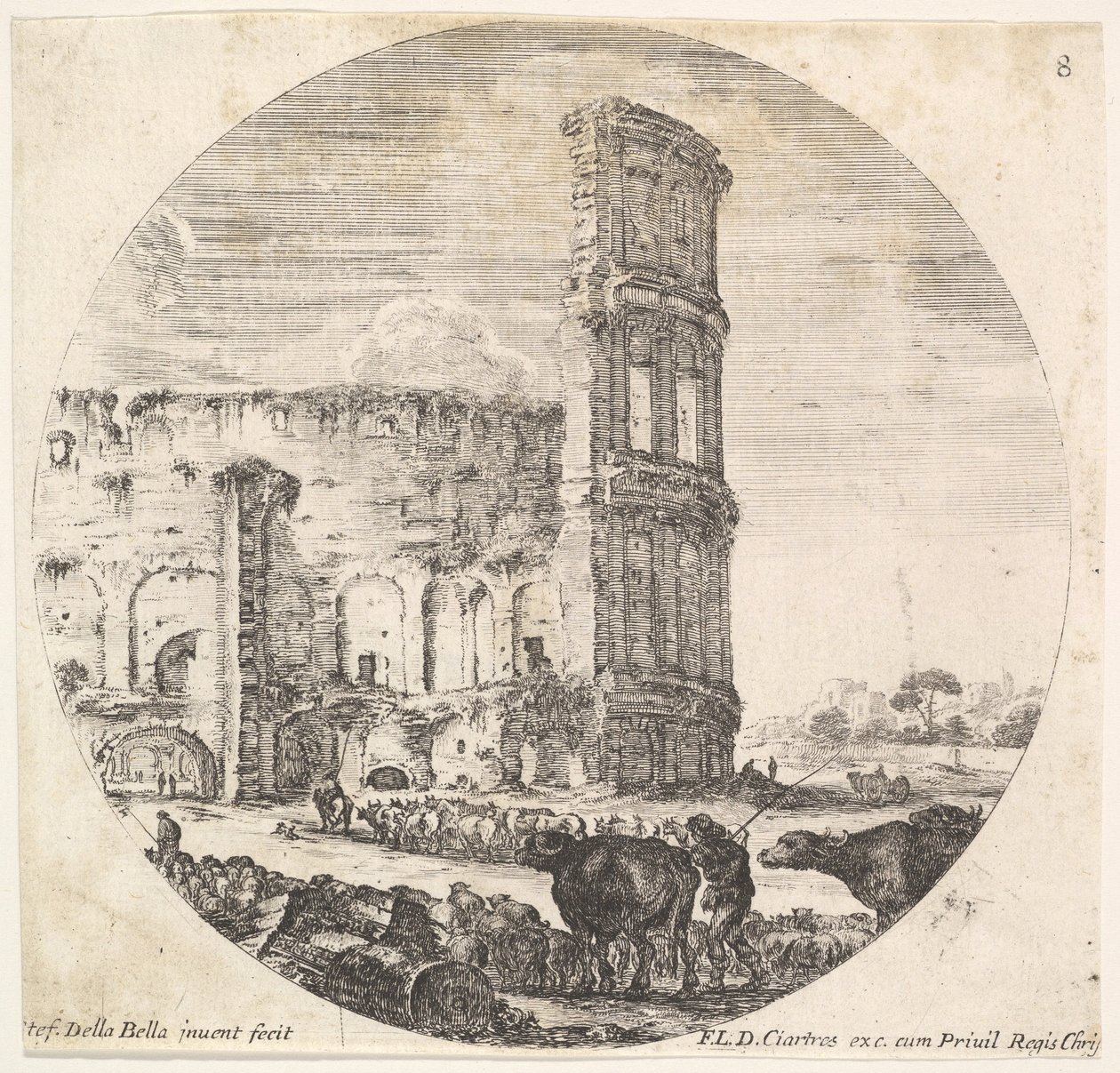 Tablica 8: Koloseum, dwa stada skierowane w stronę amfiteatru w fo..., ok. godz. 1643-48. autorstwa Stefano della Bella
