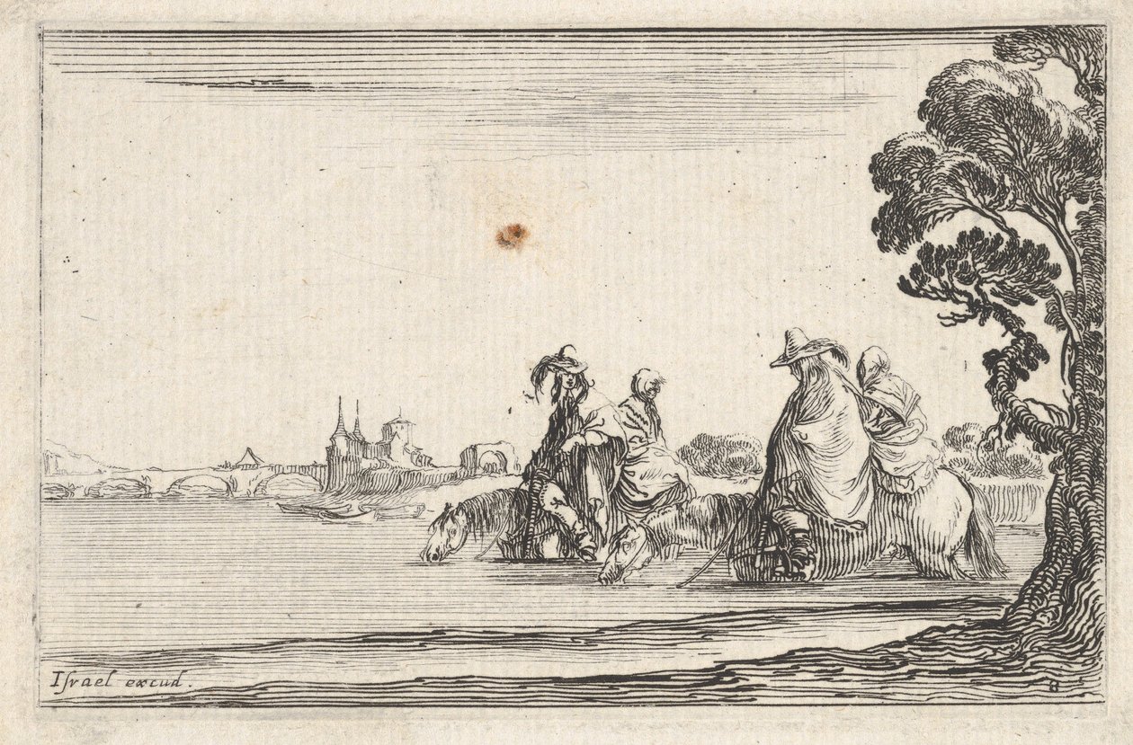 Tablica 8: po prawej dwóch jeźdźców w kapeluszach, każdy z siedzącą za nimi kobietą, jadący w..., ca. 1642. autorstwa Stefano della Bella